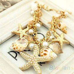 Ocean Style Multi Starfish Sea Star Conch Shell Pearl Chain Beach Bracelet Bangle Novelty Selling2136