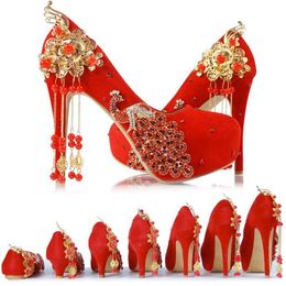 Red Tassel Wedding Shoes Chinese Style Handmade High Heeled Bridal Shoes Satin Cheongsam Dress Shoes Women Party Pumps Tassel2784