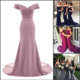 Dusty Rose Pink Bridesmaid Dresses Mermaid Floral Lace Applique Beaded V Neck Wedding Guest Evening Dress Off Shoulder Maid of Hon278N