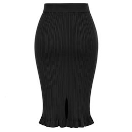 Skirts KK Women Ribbed Bodycon Skirt Elastic High Waist Back Slit Knitted Solid Knee Length Slim Fit Office Lady Workwear 230720