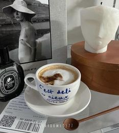 Cups Saucers Korean Style Niche Coffee Shop Simple Blue Letter Ceramic Mug Saucer Set French Retro Romantic Cup Chic Milk