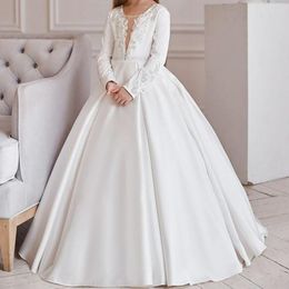 Girl Dresses Ivory V-neck Applique Flower White Luxury Lace Embroidery For Wedding Party Floor Length First Communion