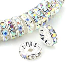 Tsunshine 100Pcs Rondelle Spacer Crystal Charms Beads Silver Plated Czech Rhinestone Loose Bead for Jewellery Making DIY Bracelets 306Q