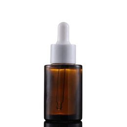 Flat Shoulder 30ml Brown Clear Frosted Glass Dropper Bottle with Black White Cap 1oz Glass Essential Oil Bottle Xtxct