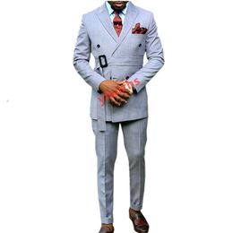 Handsome Double-Breasted Groomsmen Peak Lapel Groom Tuxedos Men Suits Wedding Prom Dinner Man BlazerJacket Tie Pants T356301m