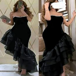 2023 Aso Ebi Mermaid Black Prom Dress Beaded Satin Evening Formal Party Second Reception Birthday Engagement Gowns Dresses Robe De Soiree ZJ744