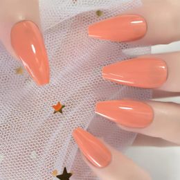 False Nails Pure Orange Press On Long Ballerina Glossy Salon Manicure Coffin Reusable Fake Art Tips DIY Fingernails