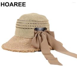 Wide Brim Hats HOAREE Sun For Women Straw Hat Bow Raffia Womens Bucket Cap High Quality Ladies Summer Beach