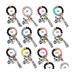 Party Favour Fedex Sile Cursive Cow Bead Bracelet Wood Disc Keychain Tassel Ox Head Wrist Key Ring Charm Pendant Drop Delivery Home G Dhkym