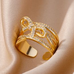 Zircon Stone Bowknot Rings for Women Girls Adjustable Stainless Steel Ring Luxury 2023 Trend New in Jewerly anillo