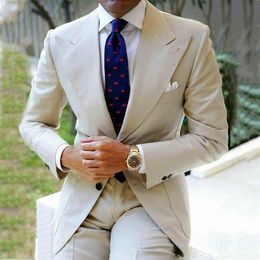 Lastest Coat Designs Beige Blazer With Pants 2021 Slim Fit Wedding Suits For Mens Wide Peaked Lapel Formal Groom Wear Groomsmen Me278R