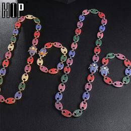 HIP HOP 1kit Bling Multicolor Coffee Bean Iced Out CZ Pig Nose Rhinestone Charm Link Chain Necklaces & Bracelet for Men Jewelry181W