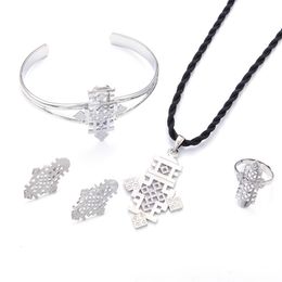 Bright Silver Color Ethiopian Cross Pendant Necklaces Bangle and Earrings for Women African Religious Jewelry Set250N