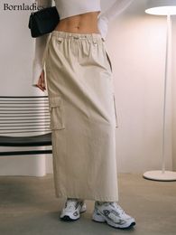 Skirts Bornladies Cargo for Women 2023 Spring Summer Drawstring Elastic Waist Y2k Girls 100 Cotton Full Length Skirt 230720