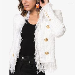 Women's Jackets S-XXL High Quality Fashion Solid Colour Woollen Fabric Tassel Decorative Gold Button Slim Woman Coat