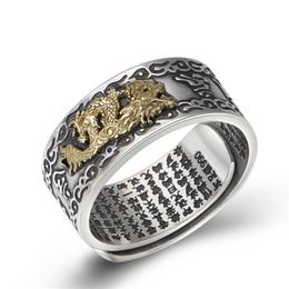 990 Sterling Silver Jewellery Men Women Dragon Mantra Scripture Opening ladies Ring Buddha Adjustable Ring234B