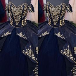 Abiti da quinceanera a cavallo ricamato in oro 2023 Abiti da ballo blu navy con spalle scoperte Strati principessa Sweet 16 Abito da ballo di fine anno G2189