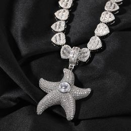 Fashion Necklace Gift Gold Plated Full CZ Starfish Pendant Necklace for Men Women with 3mm 24inch Rope chain