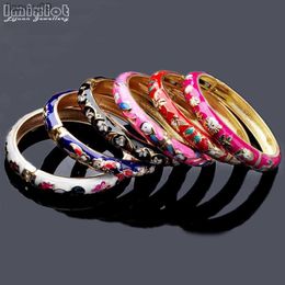 Imixlot 2PcsLot Beautiful Lovers Bracelets Colorful Flower Enamel Bracelet Bangles Golden Cuff Bangle Woman Jewelry Gifts L230704