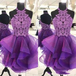 2020 Purple A Line Homecoming Dresses Sexy Halter Mini Short Organza Crystal Backless Bling Short Prom Dresses Junior Party Cockta2403