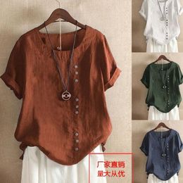 Women's Blouses 2023 Summer Casual Linen Cotton Blouse Women Elegant Button Short Sleeve Shirt Plus Size Tanic Boho Tops And Streetwear