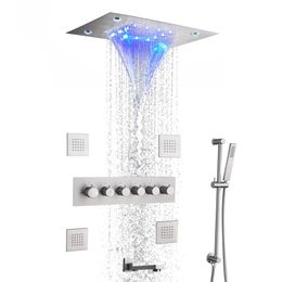 Thermostatic Brushed Rain Shower Faucet System Bathroom Mixer Set Ceil Mounted 14 X 20 Inch LED Waterfall Rainfall Shower Head245O