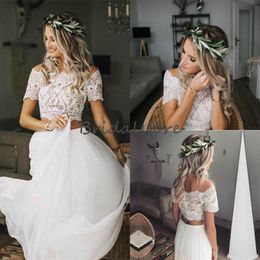 Modest Two Piece Wedding Dresses Boho Crop Top Lace Bateau Neckline Chiffon Country Wedding Dress Short Sleeve Button Back Cheap B289O