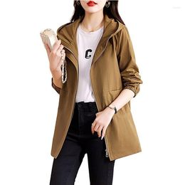 Women's Trench Coats 2023 Fashion Spring Autumn Khaki Coat Women Korean Hooded Outerwear Solid Windbreaker Casual Lady Tops Zipper Loose