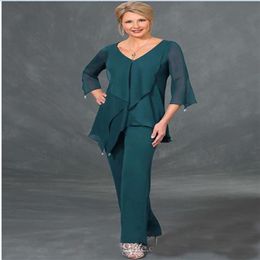 V Neck Long Sleeves Irregular Plus Size Floor Length Mothers Suits Custom Made Dark Green Chiffon Mother Of The Bride Suits Pants254K