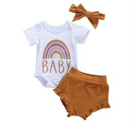 2021 New Summer Baby 3-piece stes Cotton Rainbow Short Sleeve Jumpsuit Shorts Hairband Cute Outfits E1000304m