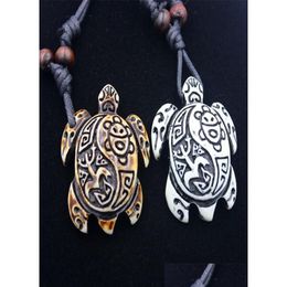 Pendant Necklaces Turtle Necklace Tribal Imitation Yak Bone White Brown Carved Charms Pendants Amet Vintage Gift Blessing Lucky Drop Dhmvk