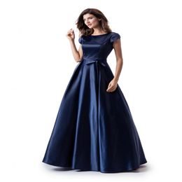 Navy Blue A-line Long Modest Prom Dress With Cap Sleeves Simple Jewel Neck Floor Length Teens Formal Evening Party Dress Modest333U