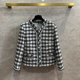 2023 Autumn Black Plaid Print Panelled Tweed Jacket Long Sleeve V-Neck Double Pockets Single-Breasted Jackets Coat Short Outwear Q3Q13CT