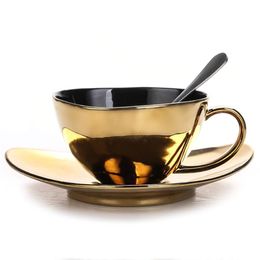European Style Ceramic Coffee Cup Saucers Household Restaurant Afternoon Tea Coffee Mug Black Teacup Set287i
