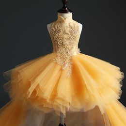Golden Tulle Girl's Pageant Dress Birthday Party Dress Hi-Lo Sequin Beads Flowers Girl Princess Dress Fluffy Kids First Commu298B