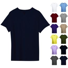 Men's T Shirts Solid Fitness Large Sports Shirt Elastic Cotton Pocket Short Sleeve Summer V Neck