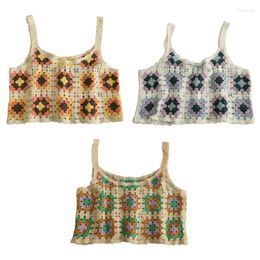 Women's Tanks 83XC Women Hollow Out Crochet Sleeveless Camisole Boho Knitted Contrast Coloured Plaid Floral Crop Tank Top Scalloped Trim