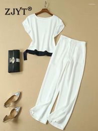 Women's Two Piece Pants ZJYT Fashion Runway 2 Set Summer Women Short Sleeve Top Trousers Suit Elegant Office Work Wear Party Outfits White