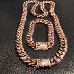 Mens Cuban Link Bracelet & Chain Set 14k Rose Gold Plated 12mm Diamond Clasp 296F