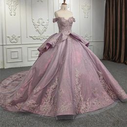 Luxury Lavender Shiny Off the Shoulder Quinceanera Dress Ball Gown Sweet 16 Dress Sequin Appliques Beading Long Sweep Train Gowns
