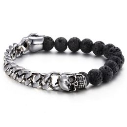 Black Volcanic Lava Stone Beads With Gold Color Stainless Steel Skull Bracelets Bangles Curb Cuban Link Chain Bracelet Punk Man Wr2059