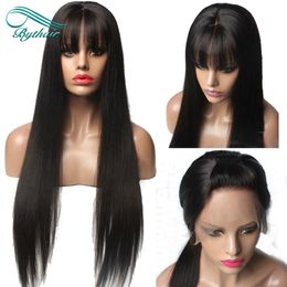 Straight Lace Front Human Hair Wigs with Bangs Virgin Brazilian Lace Front Wigs Bangs Pre Plucked for Black Women with Baby Hair250Q