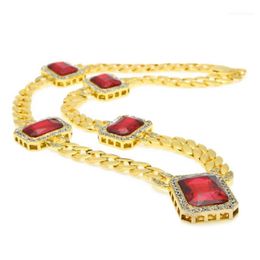 Chains Men'Miami Cuban Link Necklace Gold Silve Colour 5pcs Square Red Gem Crystal 30 Full Rhinestone Hip Hop Rock Jewel227e