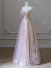 Prom Dress Shining Sequins Tulle Long Prom Gowns Off the Shoulder Lace-Up Back Floor Length