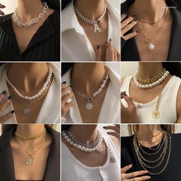 Chains Punk Hiphop Cuban Thick Chain Choker Necklace Sets For Women Fashion Pearl Coin Pendant Necklaces Jewelry