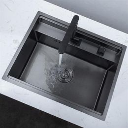 Black Hidden Kitchen Sinks With Folded Faucet Kitchen Sink Stainless Steel Double Bowl Above Bar Counter Undermount Laundry Sink2419