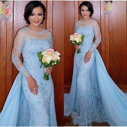 Arabic Light Sky Blue Evening Dresses With Detachable Train Long Sleeve Appliques Lace Women Mermaid Prom Party Dress Formal Event3074