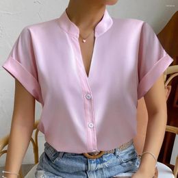 Women's Blouses Women Shirt V Neck Stand Collar Single-breasted Short Sleeve Solid Color Silky Smooth Formal OL Commute Style Lady Top