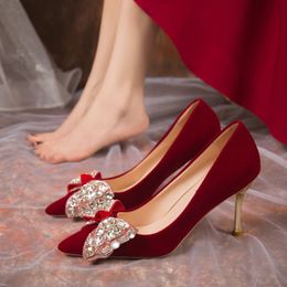 Dress Shoes Elegant Bowtie Wedding Shoes Women Red Flock Shallow Thin Heel Pumps Woman Pointed Toe High Heels Bridal Shoes 230719