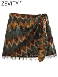 Skirts Zevity Women Vintage Geometric Print Knotted Mini Sarong Skirt Faldas Mujer Female Beading Tassel Casual Zipper Vestidos QUN1436 230720